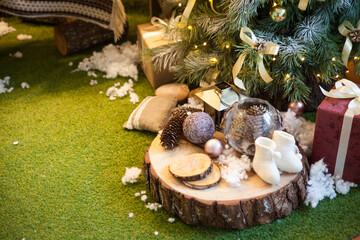 Details of Christmas rustic interior in eco style. Farmhouse decoration style.