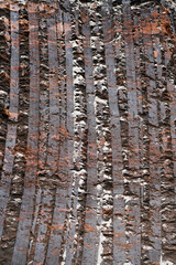 Interesting traces on coal made by the excavator during its operation. Visible result of excavator digging.	