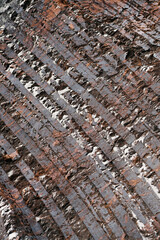 Interesting traces on coal made by the excavator during its operation. Visible result of excavator digging.	