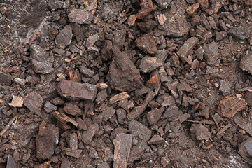 Interesting traces on coal made by the excavator during its operation. Visible result of excavator digging.	