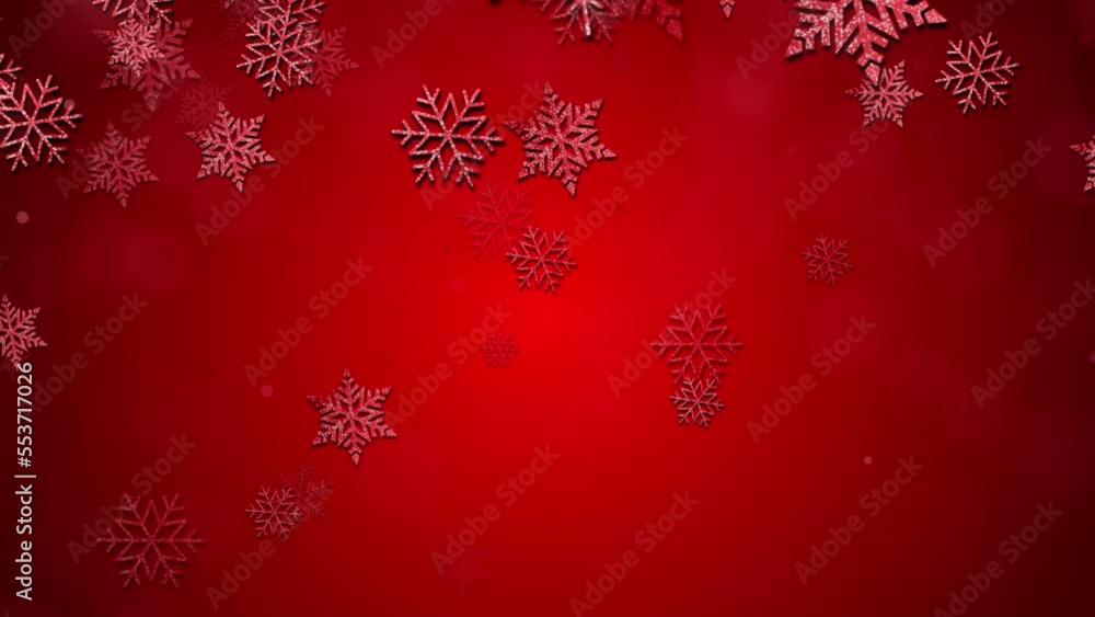 Poster merry christmas animation. snowflakes bokeh red background christmas theme. bokeh particles holidays