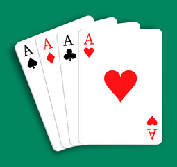 Set of 4 aces of playing cards of different suits. Diamonds, Hearts, Clubs, Spades. Combination of four kinds in poker. Realistic vector isolated on green background