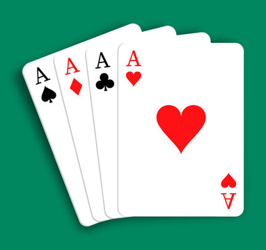 Set of 4 aces of playing cards of different suits. Diamonds, Hearts, Clubs, Spades. Combination of four kinds in poker. Realistic vector isolated on green background