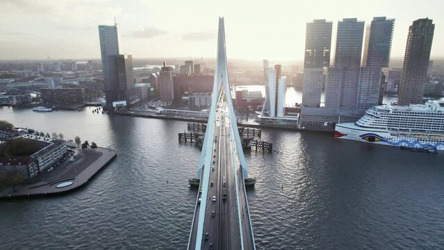 Aerial View Of Erasmus Bridge (Erasmusbrug) With High-rise Buildings In The Background In Wilhelminakade, Rotterdam, Netherlands.