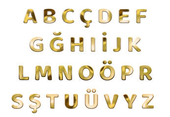 Golden Turkish Alphabet, uppercase letters. ABC, Translation: 3D altın renkli Türk Alfabesi