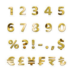 Obraz premium Golden numbers set. Gold metallic font, isolated on transparent background. Beautiful typography metal design for decoration. Symbol elegance royal graphic. Modern fashion signs