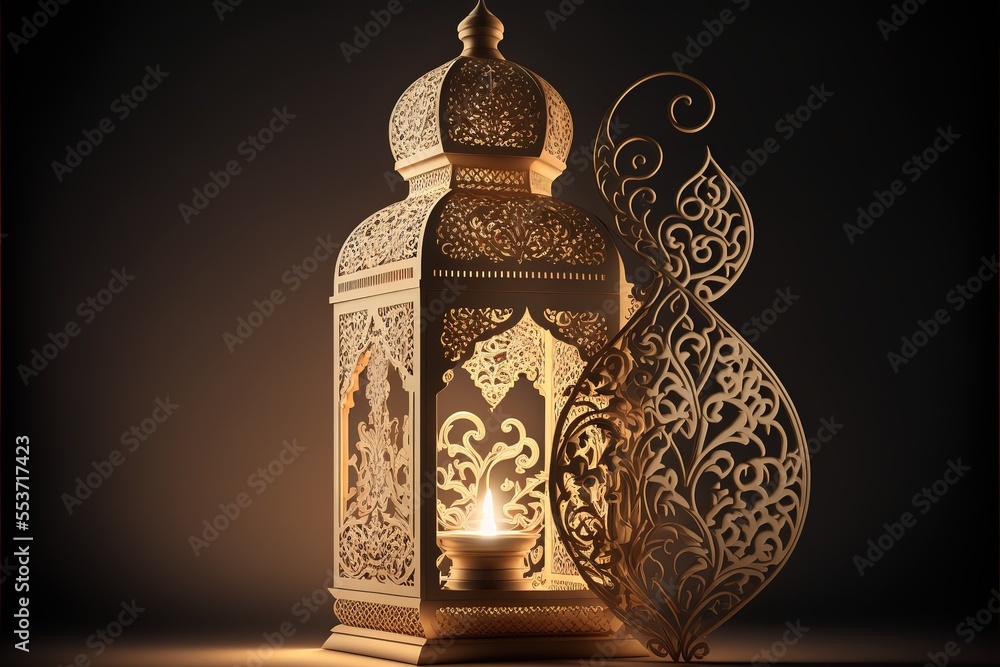 Wall mural golden lantern with candle, lamp with arabic decoration, arabesque design. beautiful muslim invitati