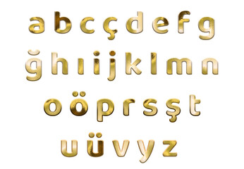 Golden Turkish Alphabet, lowercase letters. ABC, Translation: 3D altın renkli Türk Alfabesi