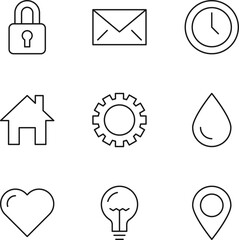 Collection of nine line icons of lock, envelope, clock, house, gear, drop, heart, light bulb, geo sign for shops, stores, adverts, apps, ui. Minimalistic editable strokes