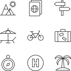 Fototapeta premium Collection of nine line icons of mountain, ticket, direction point, deckchair, bicycle, suitcase, palm, hotel for shops, stores, adverts, apps, ui. Minimalistic editable strokes