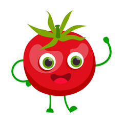 Happy red tomato, vegetable cartoon character vector illustration. Cute veggies with faces, hands and legs isolated on white background