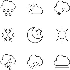 Collection of nine line icons of rain, sun over cloud, snow, star by moon, sun, rain, fog for shops, stores, adverts, apps, ui. Minimalistic editable strokes