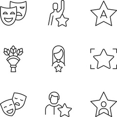 Collection of nine line icons of theatrical masks, actor, bouquet, woman for shops, stores, adverts, apps, ui. Minimalistic editable strokes
