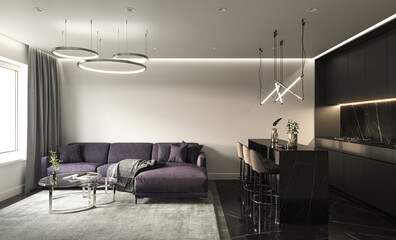 Stylish living room with white walls, dark marble floor, purple sofa and black kitchen in background. Front view empty mock up wall. 3d rendering high quality illustration.