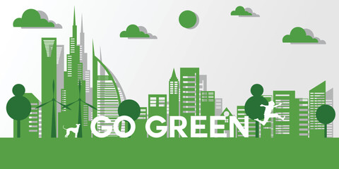 World environmet day, flat style go green and save the world with cities, hands, and plants environmental campaign illustration for banner and social media post