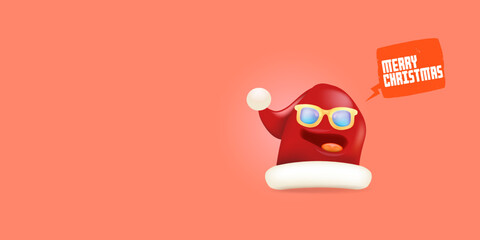 Vector cartoon monster Santa Claus red hat character with sunglasses and speech bubble isolated on peach background. Merry Christmas greeting card, poster and banner with funny Santa Claus hat