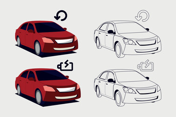 Different types of car icon set. side view of sedan car. return icon and better charging icon.