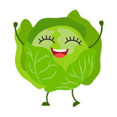 Happy lush cabbage, vegetable cartoon character vector illustration. Cute veggies with faces, hands and legs isolated on white background