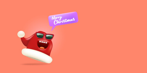 Vector cartoon monster Santa Claus red hat character with sunglasses and speech bubble isolated on peach background. Merry Christmas greeting card, poster and banner with funny Santa Claus hat