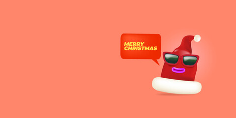 Vector cartoon monster Santa Claus red hat character with sunglasses and speech bubble isolated on peach background. Merry Christmas greeting card, poster and banner with funny Santa Claus hat