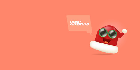 Vector cartoon monster Santa Claus red hat character with sunglasses and speech bubble isolated on peach background. Merry Christmas greeting card, poster and banner with funny Santa Claus hat