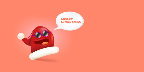 Vector cartoon monster Santa Claus red hat character with sunglasses and speech bubble isolated on peach background. Merry Christmas greeting card, poster and banner with funny Santa Claus hat © zmiter