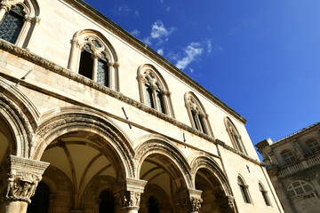 Rector's palace porch and vaulted arcade with Renaissance styled individualized column capitals in the old town of Dubrovnik, Croatia