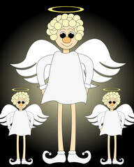Greeting card with beautiful cartoon angel on long legs with halo. Christmas concept. Template for the cover of the bible.