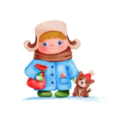 Сute boy in a blue coat holds a gift, a puppy in a New Year's hat sits next to him