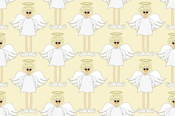 Seamless pattern with beautiful cartoon angel on long legs with halo. Christmas concept. Wallpaper and ber linen print.