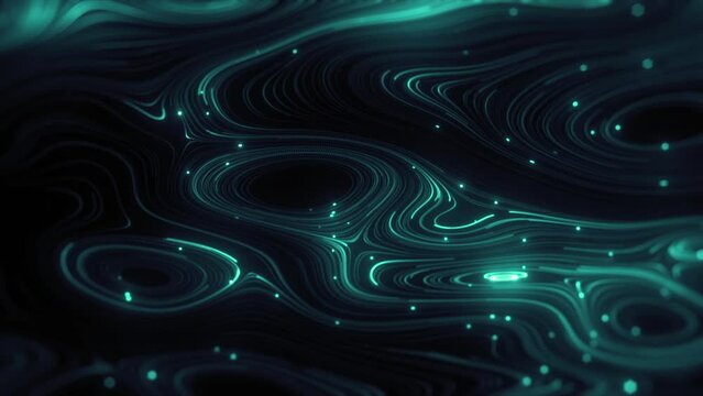 Abstract Digital Web Network And Flowing Data Lines/ 4k animation of an abstract technology background with streaming circular flowing particle lines snaking with meander and nodes