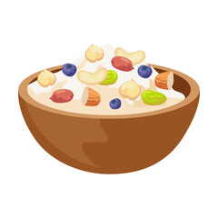 Healthy breakfast muesli plate, vector illustration. Plates and bowls with healthy food, fruit, vegetables isolated on white background