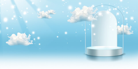 White podium on a blue background with magic dust and white fluffy clouds for displaying products. Product presentation. Mockup