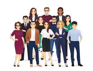 Team of colleagues in different ages and races. Group of happy diverse multiethnic business cartoon people standing together. Isolated vector illustration.