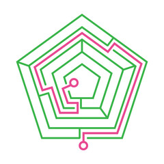 Fototapeta premium Pentagonal maze game with direction of right path. Vector illustration of labyrinth, abstract maze map isolated on white background