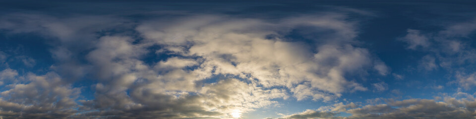 Blue sky panorama with puffy Cumulus clouds. Seamless hdr pano in spherical equirectangular format. Sky dome or zenith for 3D visualization, game and sky replacement for aerial drone 360 panoramas.