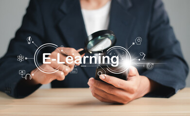 Education internet Technology. Person who attends online lessons on a digital screen. Education on internet, e-learning concept.