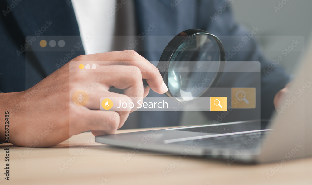Poster man searching for work on the internet. search engine browsing internet with job search bar. search 