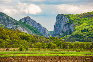 Vălişoara gorge from the distance in Alba county, Apuseni Mountains, Romania. Trascau mountains canyon.