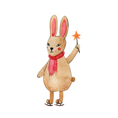 Watercolor cute bunny on skates with a star, Christmas bunny, New Year's symbol bunny isolated on a white one