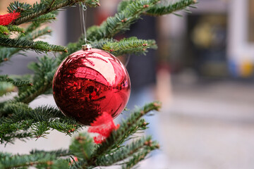 Nahaufnahme einer weihnachtlich geschmückten Nordmanntanne mit einer riesigen roten...