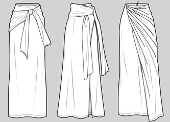 womens wrap maxi skirt flat sketch vector illustration technical cad drawing template