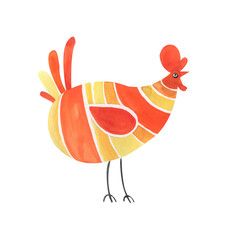 Watercolor decorative rooster, chicken, hand-drawn, colored with a speck and a stripe.