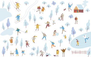 Winter people outdoor activities flat illustration