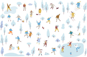 Winter people outdoor activities flat illustration