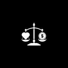 Heart and money scales icon isolated on dark background