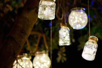 オリーブの木に飾られたボトルライト　イルミネーション　キラキラの背景　クリスマスの背景