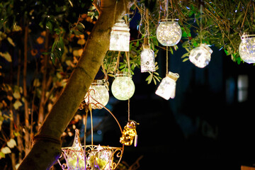 オリーブの木に飾られたボトルライト　イルミネーション　キラキラの背景　クリスマスの背景