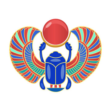 Scarab beetle with sun.Symbol of ancient Egyptian culture cartoon illustration. Vector sphinxes, pharaoh, gold elements isolated on white