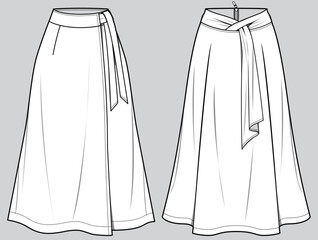 womens maxi skirt flat sketch vector illustration technical cad drawing template - obrazy, fototapety, plakaty